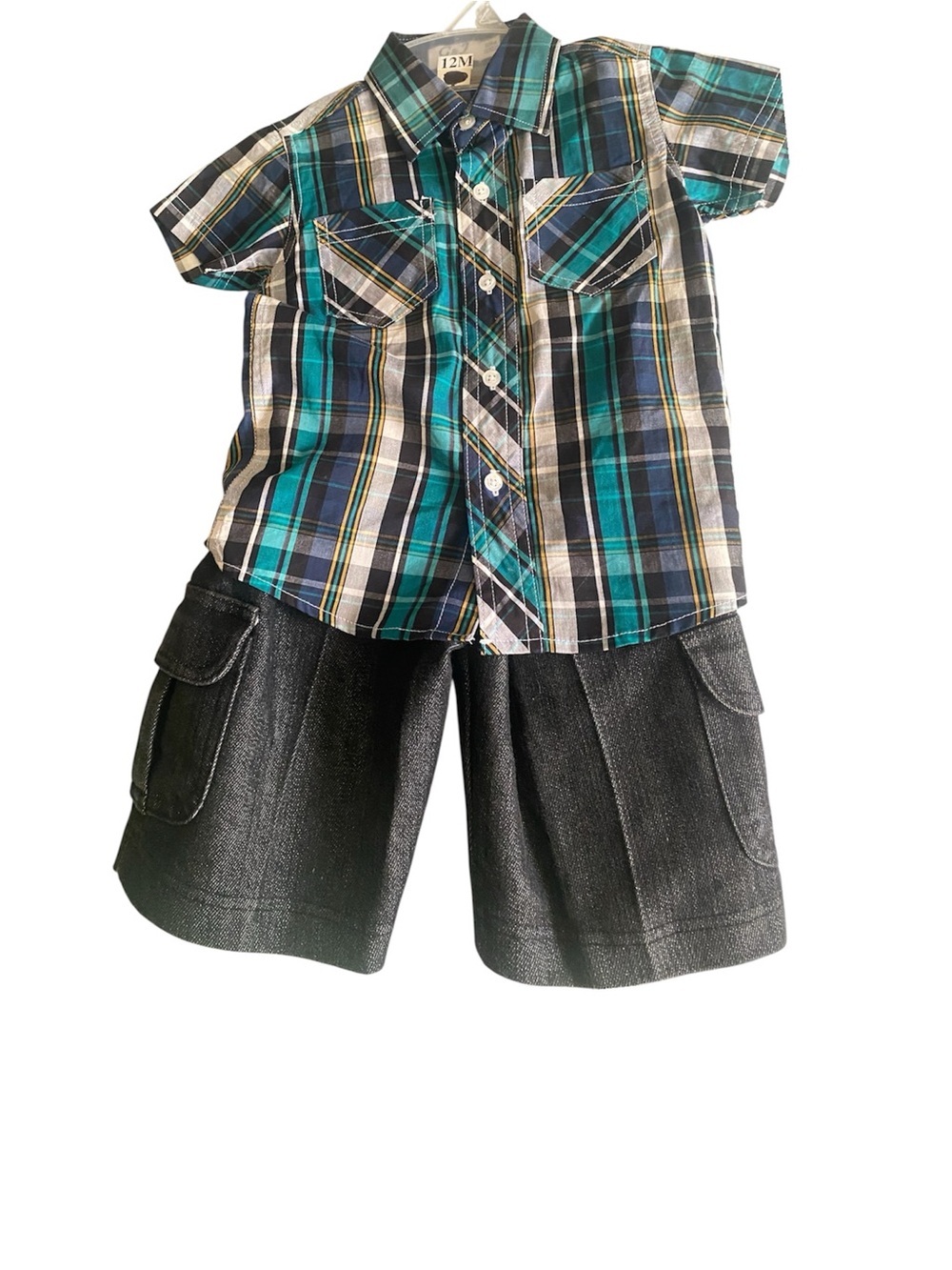 Toddler Plaid Button-Front Shirt with black short- Blue/Teal
